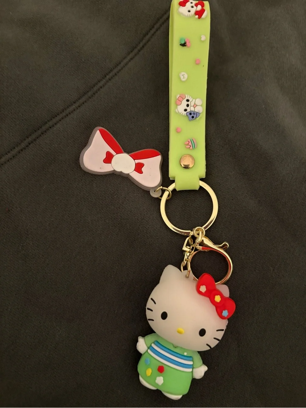 Cute hello Kitty Keychain Plush Toy - Green Outfit with Red Bow